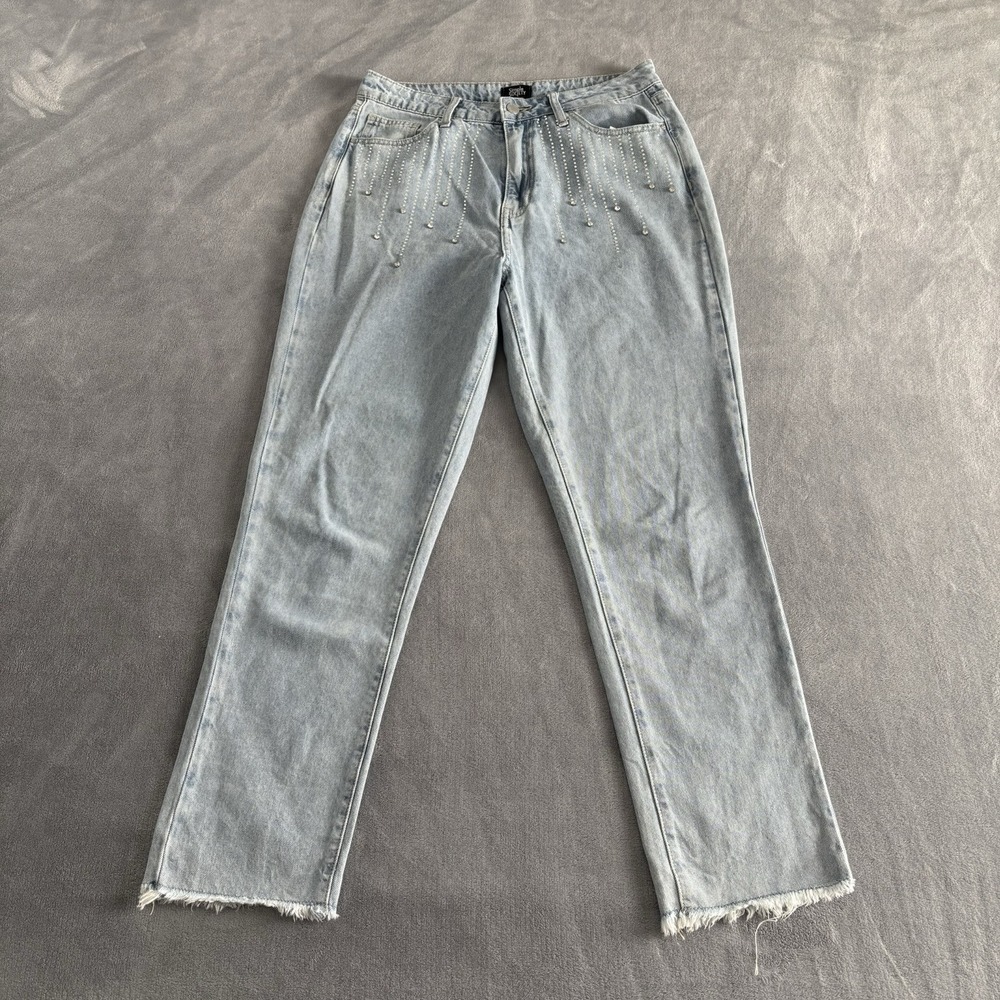 Simple Society Rhinestone Womens Jeans‎ Lt. Wash High Rise Frayed Hem Denim 7/28